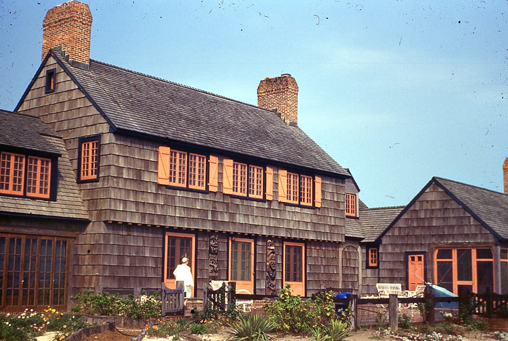 The exterior of a cedar-shingled beach house in Rehoboth Beach, Delaware.