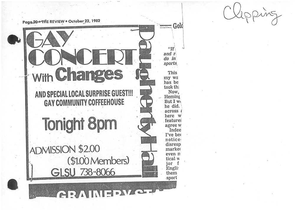 An advertisement for a Gay Concert with Changes at the Gay and Lesbian at Daugherty Hall.