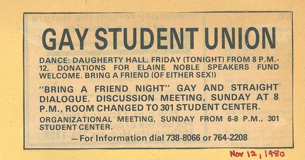 An advertisement for a Gay Student Union dance at Daugherty Hall. 