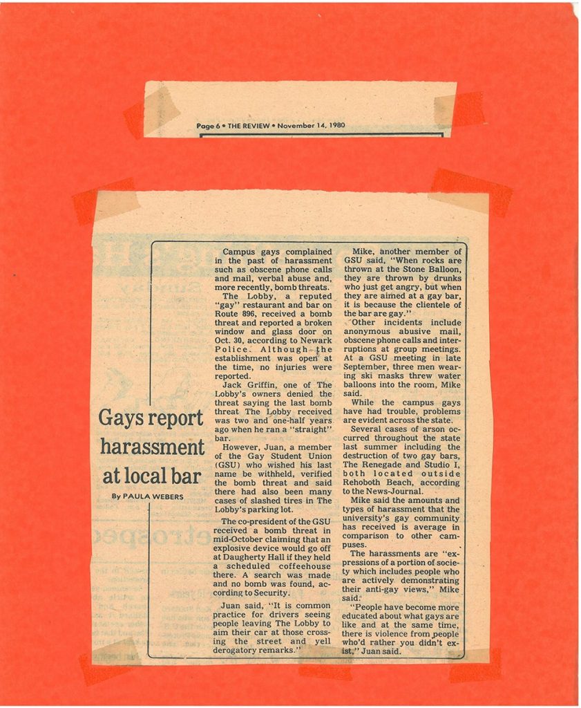 A newspaper article titled “Gays report harassment at local bar.”