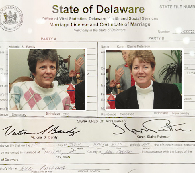 Composition of Vikki Bandy and Karen Peterson overlaid on the first Same-Sex marriage license. Their signatures are seen below their names.