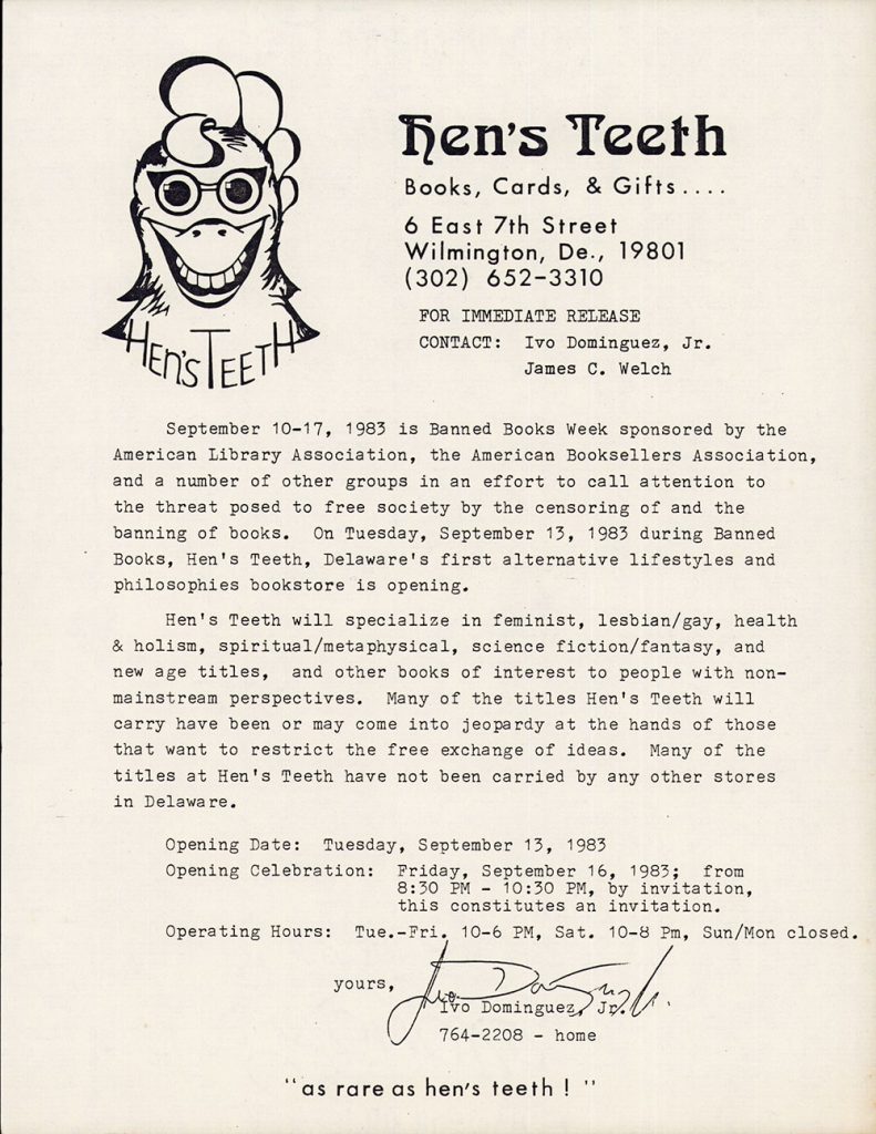 A document with an illustration of a hen wearing glasses that discusses Banned Books week and the opening of Hen’s teeth bookstore.