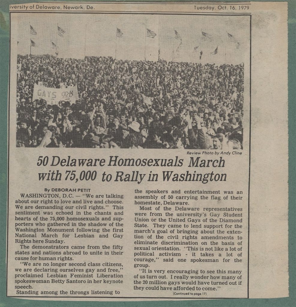 A newspaper clipping titled, “50 Delaware Homosexuals March with 75,000 to Rally in Washington.” A photo of a large crowd appears alongside the article.