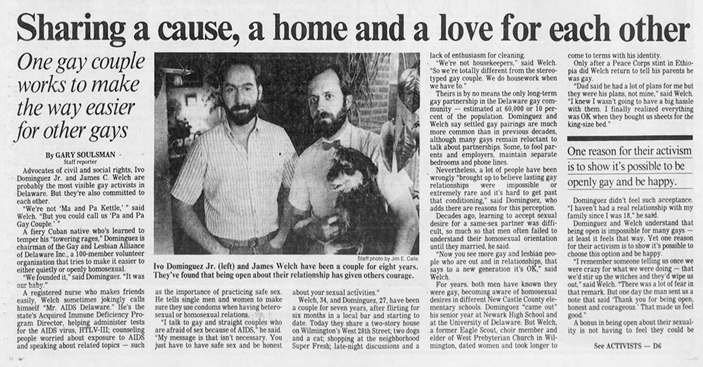 An article with the title “Sharing a cause, a home and a love for each other,” appears next to a photograph of two men and their dog.