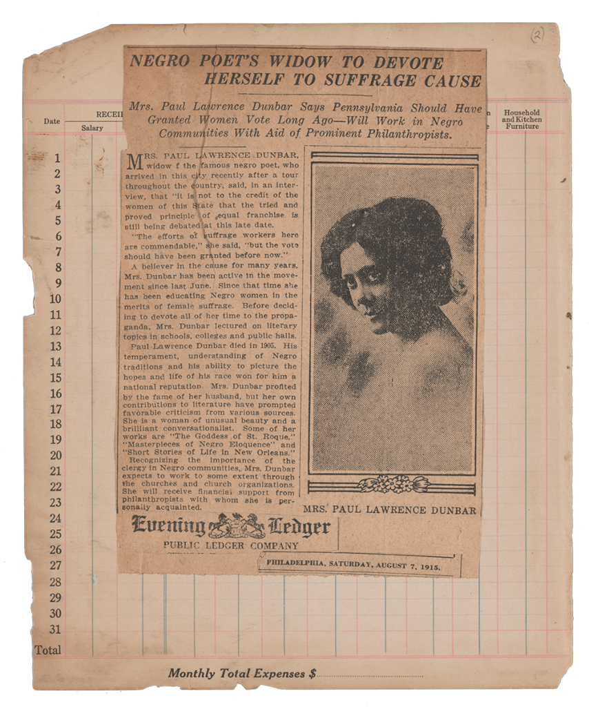 A newspaper clipping titled, “Negro Poet Widow to Devote Herself to Suffrage Cause.”