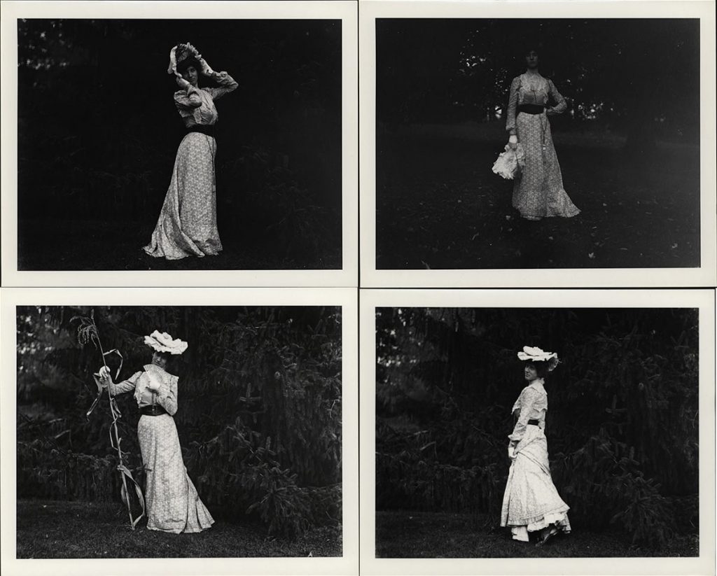 Multiple black and white photo of a white man seen smiling softly and posing in a Victorian dress, hat, and gloves. 