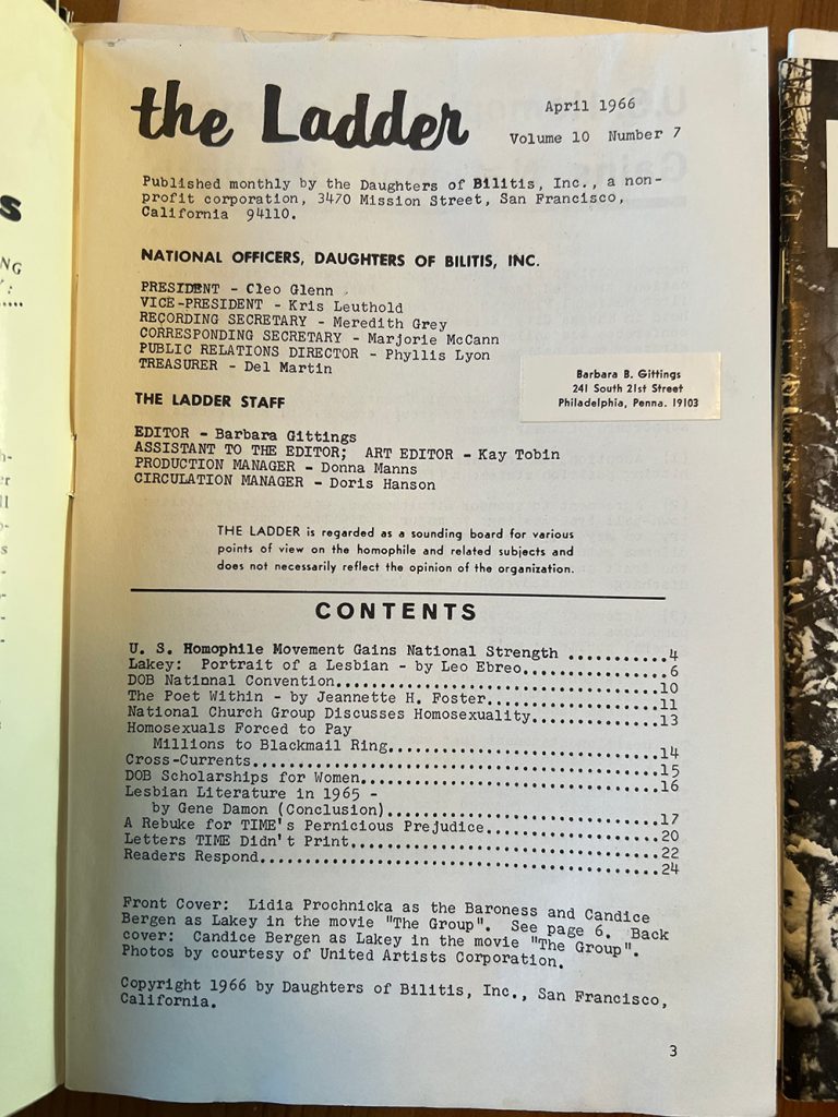 An inner page of an edition of the ladder with a sticker that says, “Barbara Gittings, 241 South 21st street, Philadelphia, Penna. 19103