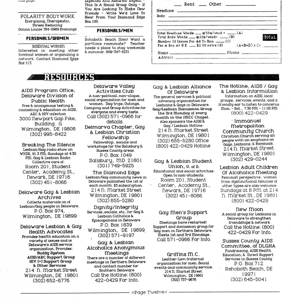 A section of a newsletter titled “Resources” that lists local queer organizations including a hotline for AIDS and Lesbian/ Gay information.