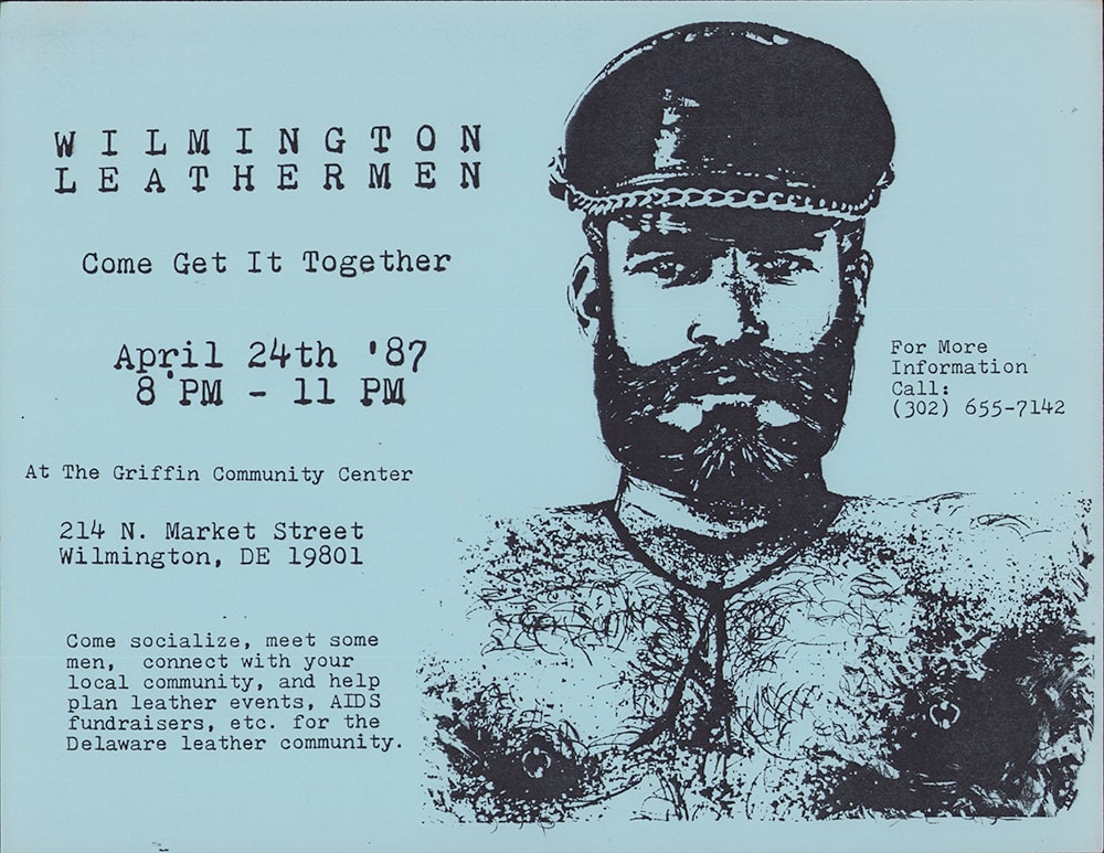 A blue advertisement with an illustration of a shirtless man with a beard and mustache wearing a hat.
