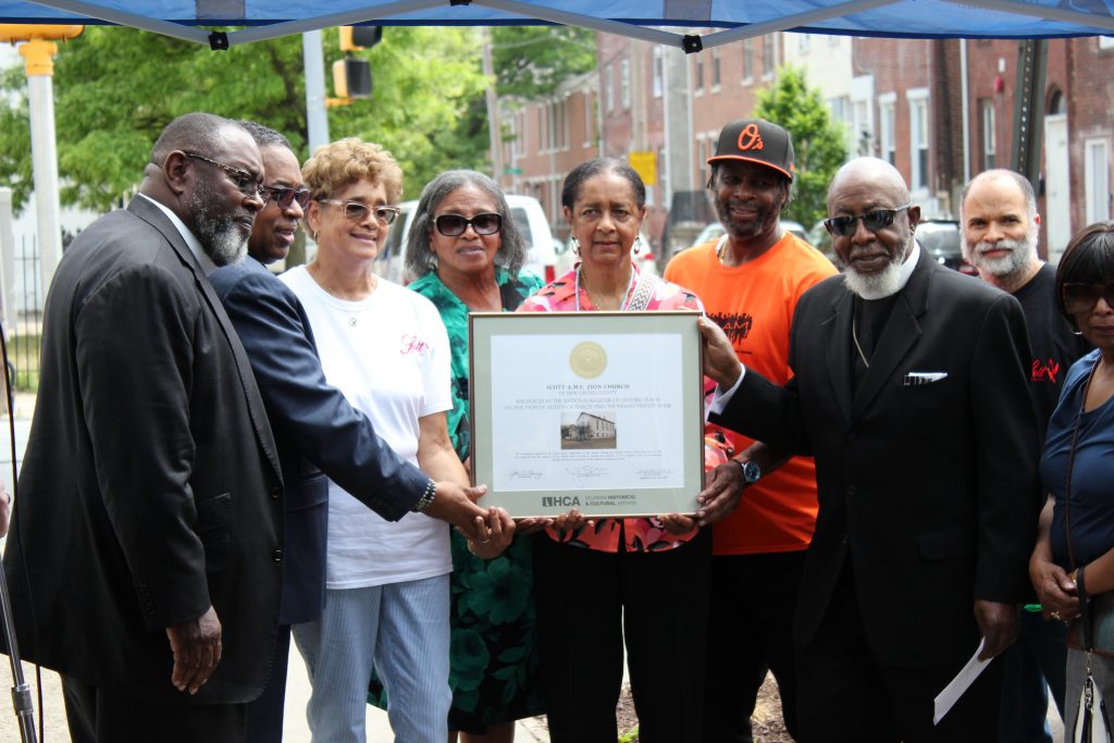 Supporters of Scott A.M.E. Zion Church (in Wilmington) celebrate its listing in the National Register of Historic Places