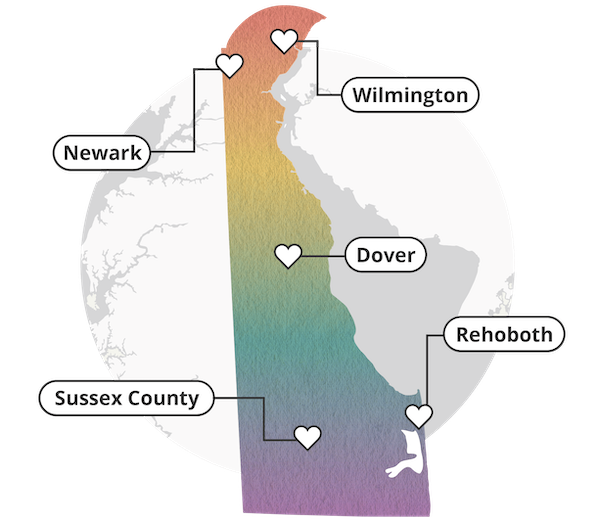 Map of Delaware with heart icon markers at: Newark, Wilmington, Dover, Rehoboth and Sussex County.