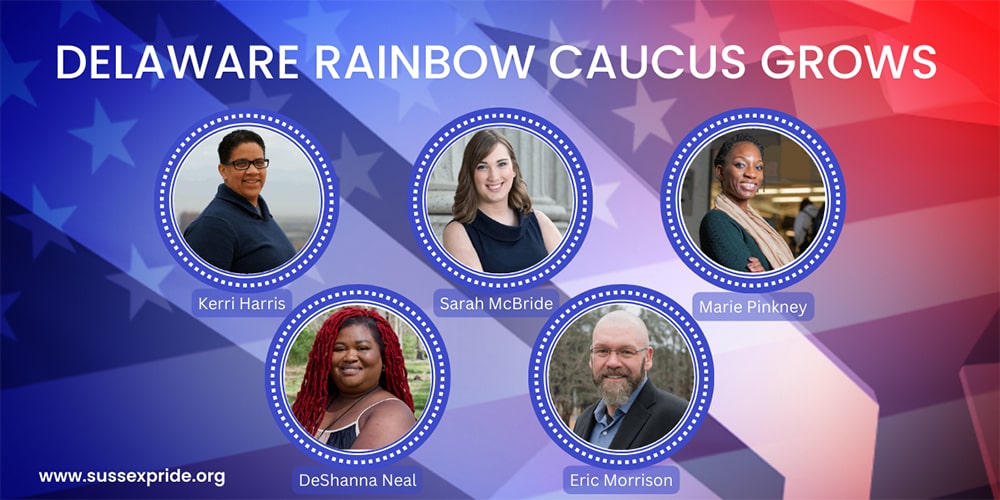 A graphic featuring headshots of queer legislators: Kerri Harris, Sarah McBride, Marie Pinkney, DeShanna Neal and Eric Morrison.