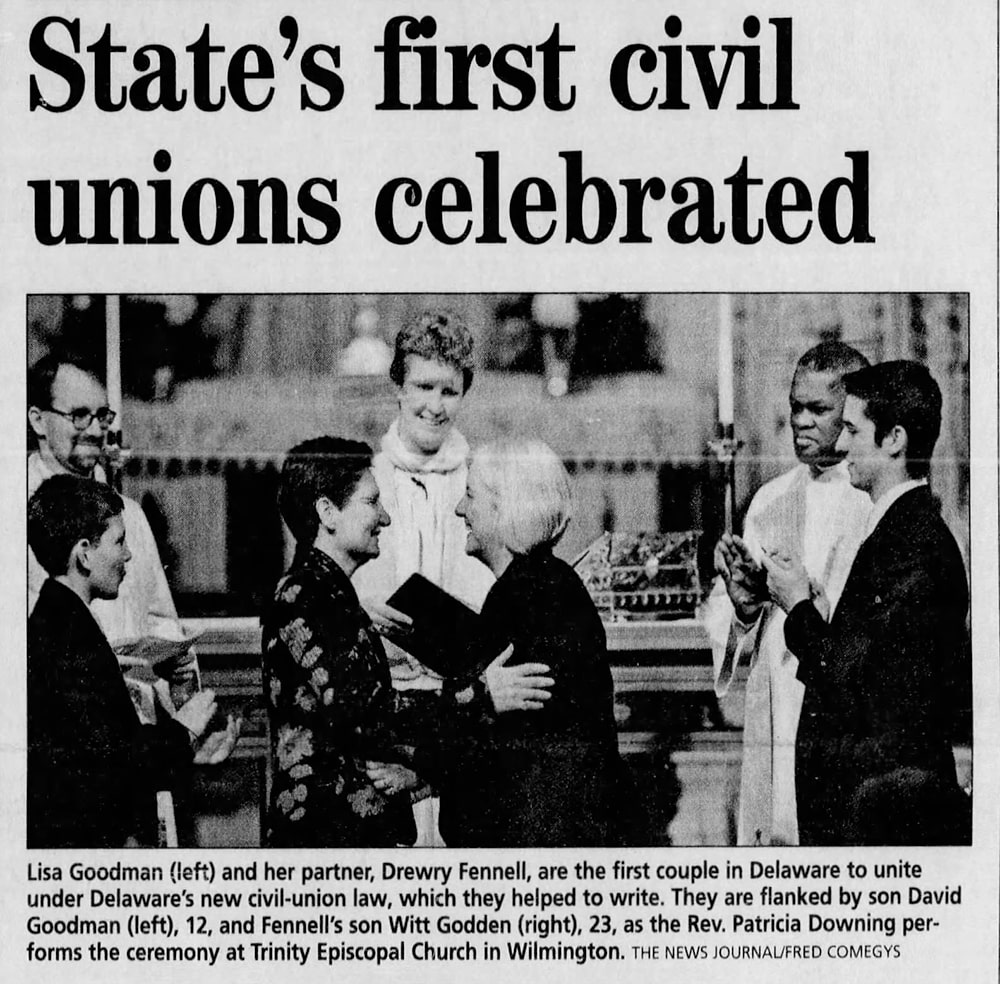 An article with the title, “State’s first civil unions celebrated,” appears with a photo of two white women embracing inside of a church.