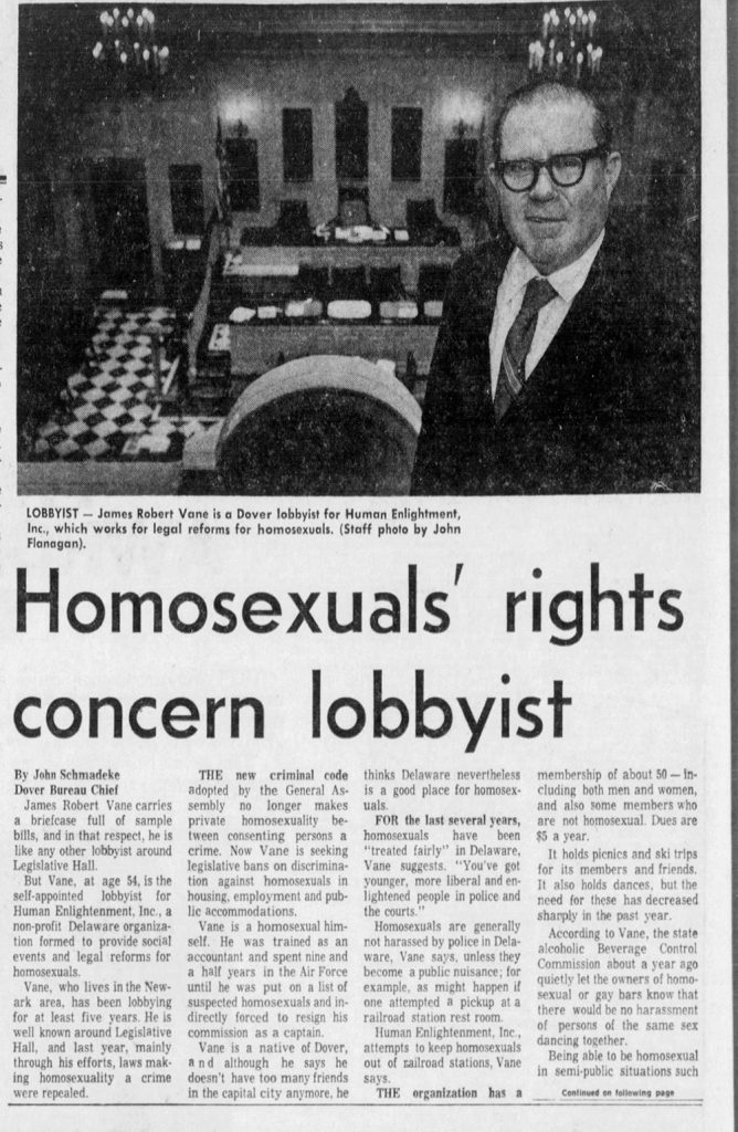 An article with the title “Homosexuals’ rights concern lobbyist.” appears next to a photo of a white man wearing a suit in Legislative Hall.