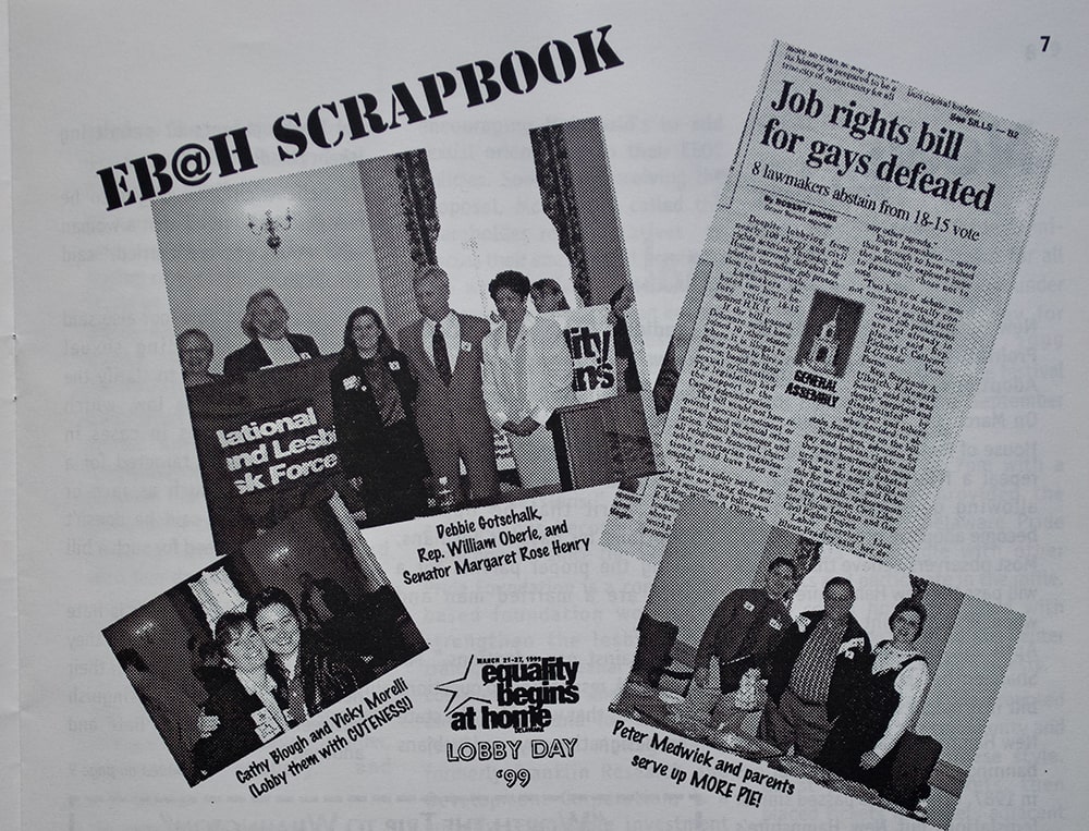 A collage of black and white images of lobbyists and a newspaper article from the 1999 Lobby Day.