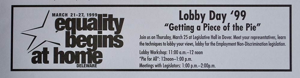 An advertisement for the March 21 to 27th 1999 event called “Equality Begins at Home” Lobby Day.