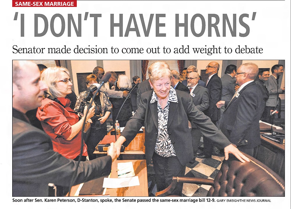 A newspaper article with the headline, “‘I Don’t Have Horns’ Senator made decision to come out to add weight to debate.”