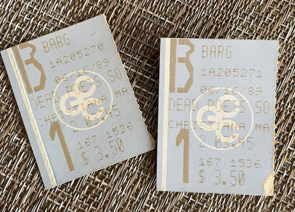 Two ticket stubs from June 16, 1989 screening of the Dead Poets Society at the Christiana Mall Theater. Tickets priced as $3.50.