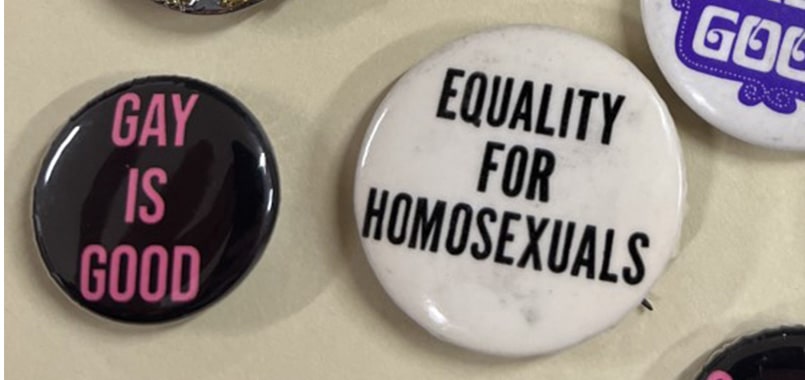 Two pins side by side, one saying Gay is Good, the other saying Equality for Homosexuals.
