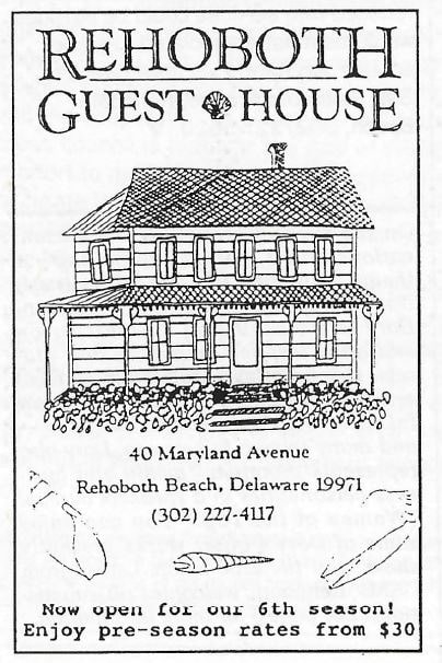 An advertisement for Rehoboth Guest House featuring an illustration that emphasizes the guest house having two different rooflines.