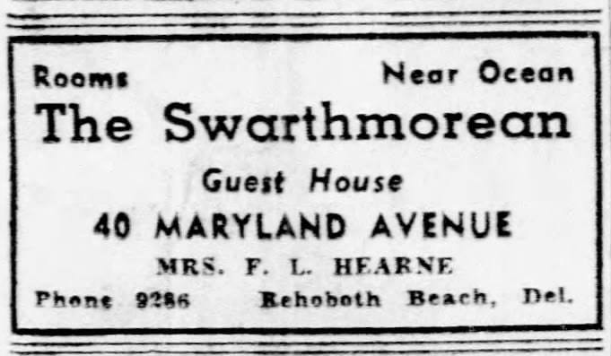 An advertisement for rooms near the ocean at The Swarthmorean Guest House at 40 Maryland Avenue, Rehoboth Beach.