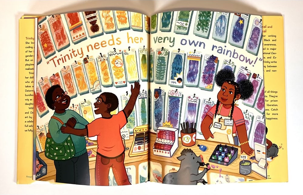 An illustration of a Black mother shopping at a beauty supply store with her son. The family’s pet pig is visible in the bottom right corner, painting his nails in front of the non-binary cashier.