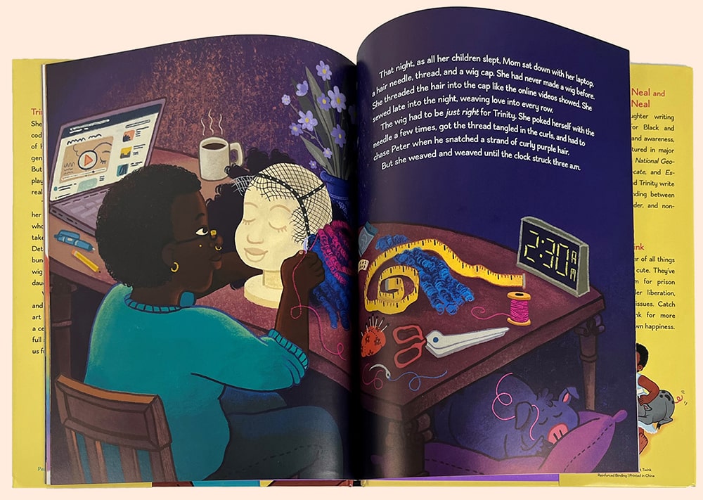 A two-page illustration of a Black woman watching a youtube tutorial at 2:30am and weaving a custom wig onto a wig cap.