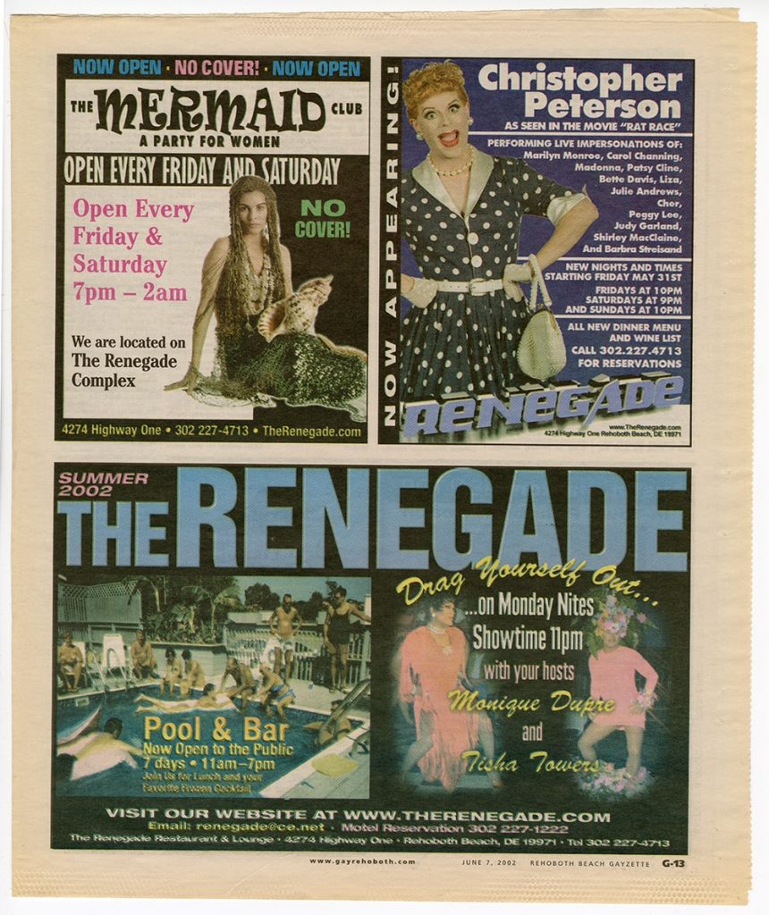 A newspaper advertising events at the Renegade including the “Mermaid Club party for Women.”