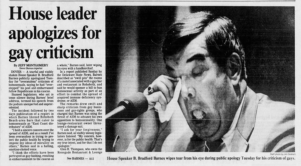 An article titled “House leader apologizes for gay criticism,” shows Rep. Bradford Barns crying in front of a microphone.