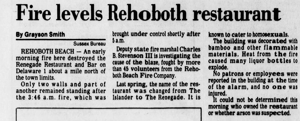 A newspaper article with the title “Fire levels Rehoboth restaurant.”