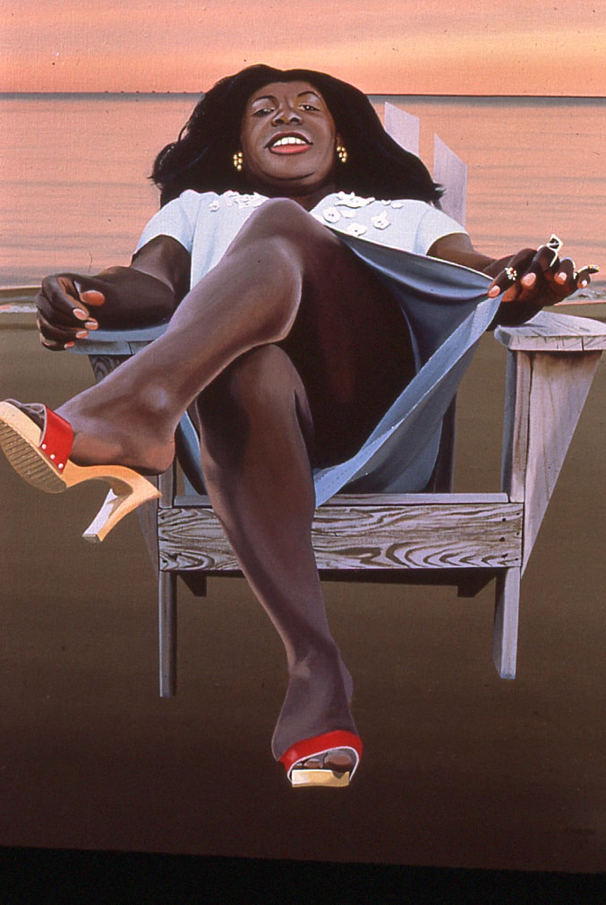 An oil painting of a gender non-conforming Black person sitting on an adirondack chair on the beach.