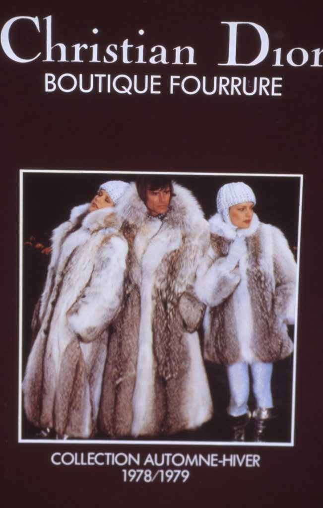 An advertisement for the 1978-1979 Christian Dior collection featuring a photograph of 2 white women and 2 white men posing in fur coats.