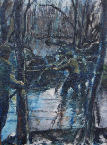 An art work by Jack Lewis that depicts men working in water among trees.