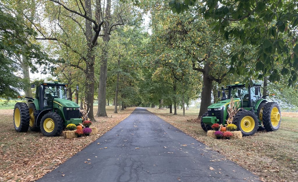 Two tractors on either side of a long driveway lined with trees, accented by hay bales and orange and yellow mum flowers