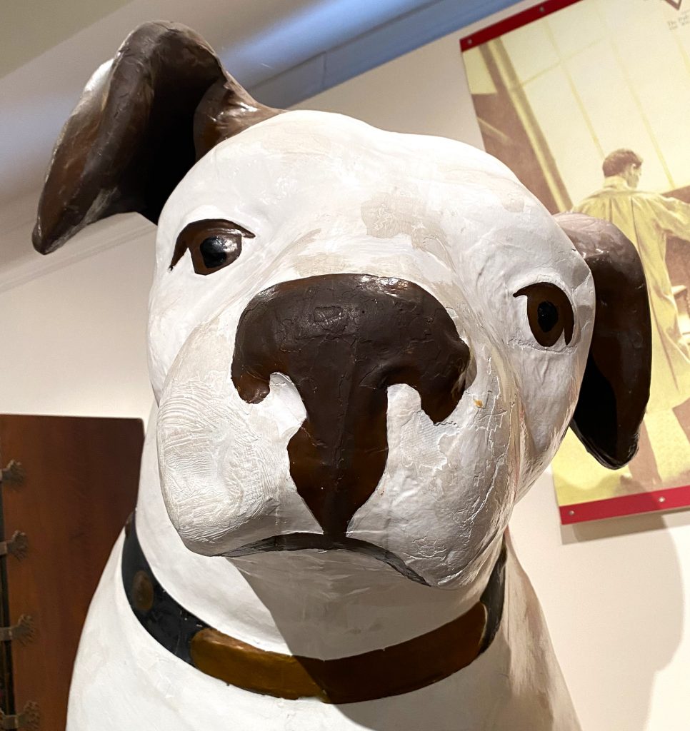 Large composite model of Nipper, painted white with brown ears and nose, dominates the foreground with open Victrola record players behind. 