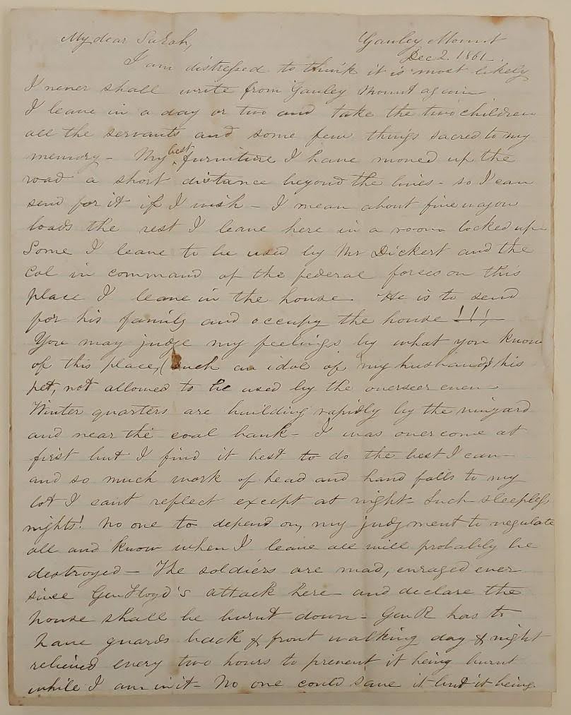 An unsigned letter, addressed to “My dear Sarah” and dated “Gauley Mount, Dec 2, 1861”