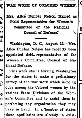 1918 article in the Broad Axe Chicago newspaper about Alice Dunbar-Nelson joining the Women's Committee of the Council of National Defense.