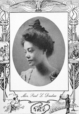 A woman looking to the left with her hair up, surrounded by a detailed illustrative frame containing different historic events. Details in passage.