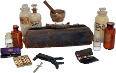 Various bottles, needles, and other tools used for medicinal purposes in the world War 1 era.