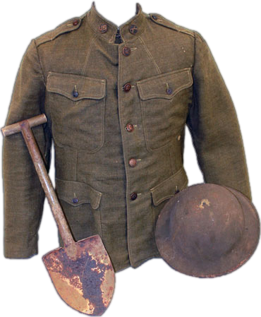 World War I soldier's uniform, including a jacket, a shovel, and a helmet.