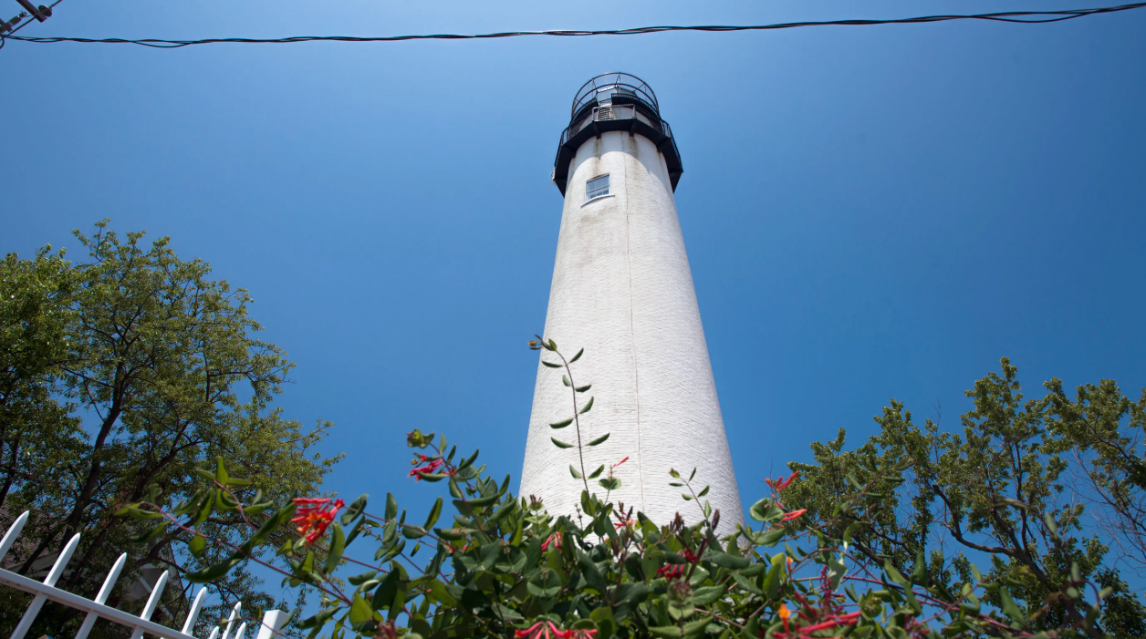 Fenwick Island Lighthouse, a tall white cylindrical build surrounded by clear skies and lower foliage.