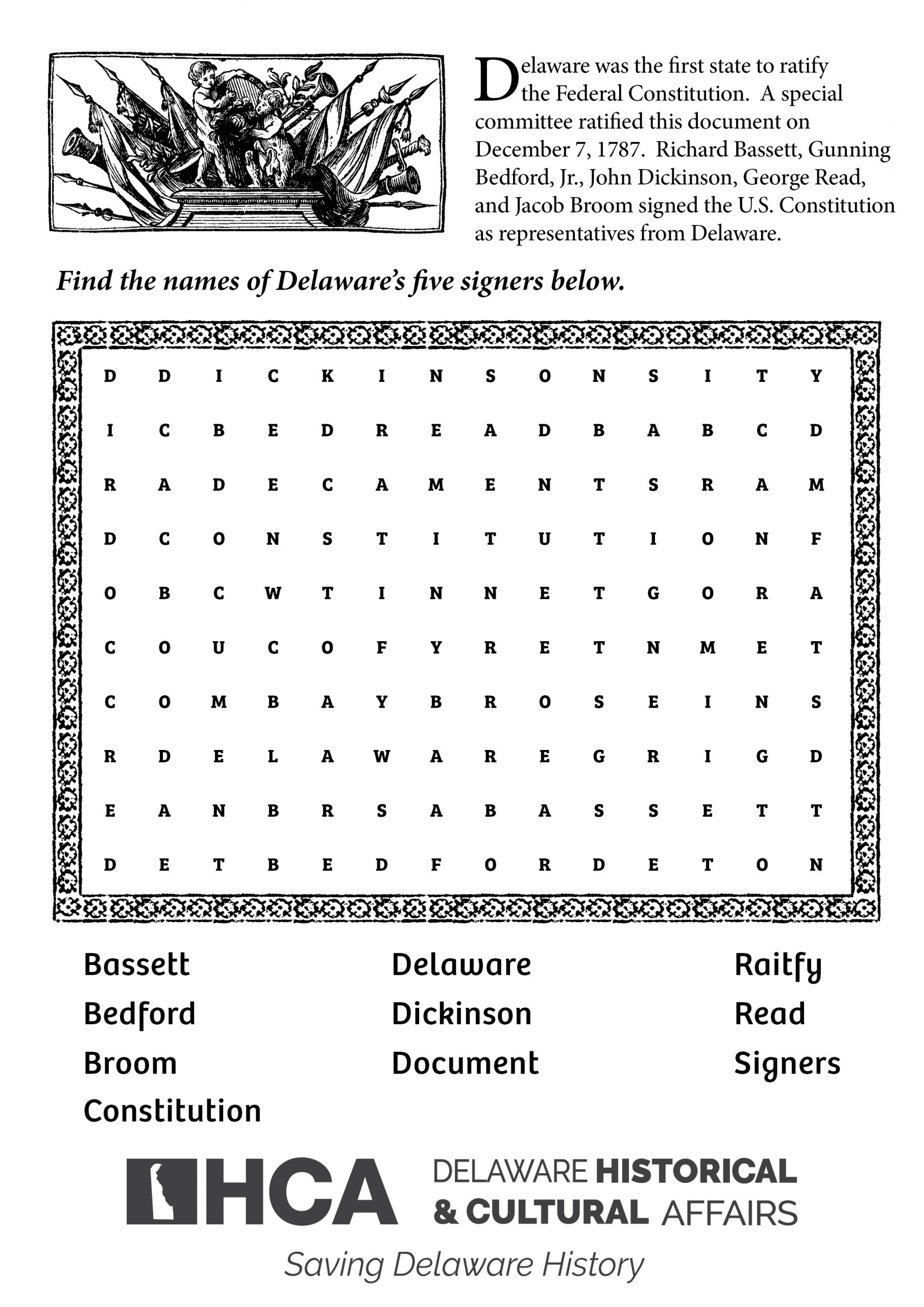Photo of word search with Delaware history terms