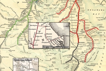 An off-white map with colored train routes in the Delaware region.